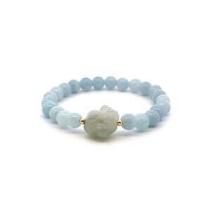 Natural Aquamarine Gemstones Stretch Bracelet and Carved Paw Jade 18k Tiny Beads